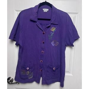 Onque Women's Button Up Purple Cotton Short Sleeve Floral Casual Size 2X